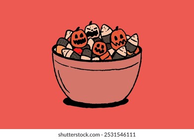 Cute Halloween candies in bowl. Holiday party food vector illustration