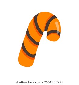 Cute Halloween candy cane icon. Vector cute orange and black striped caramel stick. Spiral lollypop, funny cartoon trick or treat sweets holiday decoration, sticker, design element.