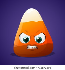 Cute halloween candy corn with angry face on violet background