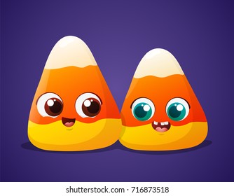 Cute halloween candy corn buddy on violet background