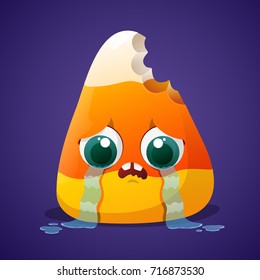 Cute Halloween Candy Corn With Crying Face On Violet Background 