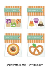 Cute halloween candy vector illustration. Packs of halloween candies. Halloween sweet and candy. Biscuit, candy corn, cookies.