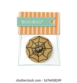Cute halloween candy vector illustration. Packs of halloween cookie. Halloween sweet in plastic package cute vector design. Spider cookie. 