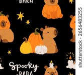 Cute Halloween capybara seamless pattern, spooky cartoon capybaras dressed as mummy, ghost, witch, pumpkin, with gravestone, candles, broom, toilet paper and pumpkins, kawaii animal vector background