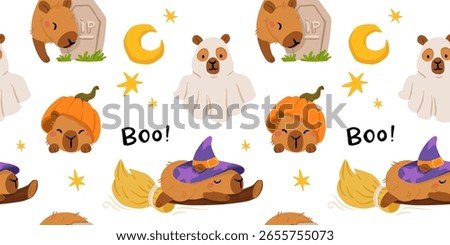 Cute Halloween capybara seamless pattern, spooky cartoon capybaras dressed as mummy, ghost, witch, pumpkin, with gravestone, candles, broom, toilet paper and pumpkins, kawaii animal vector background