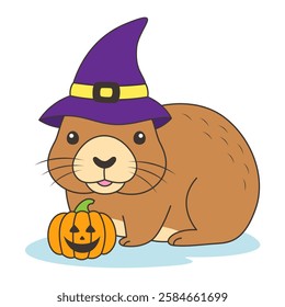 Cute Halloween capybara with witch hat. Vector illustration