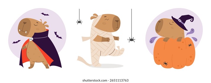 Capibaras de halloween bonitos definidos em trajes diferentes