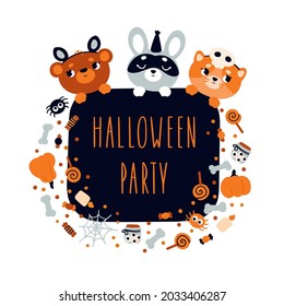 Cute Halloween card with animals in costumes and holiday elements. Invitation to a children's party