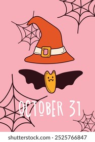 Cute Halloween card with bat and witch hat. Ready-made card for the holiday. Traditional Halloween holiday images. Vector illustration