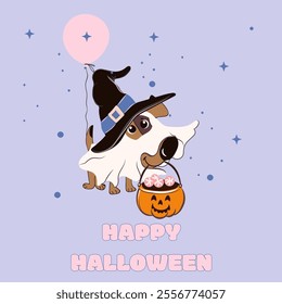 Cute Halloween card with cartoon dog in ghost costume holding pumpkin bag for trick or treat candy