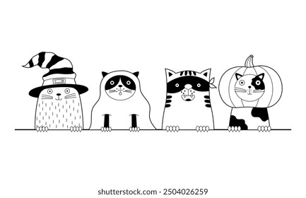 Cute Halloween card with cat characters in funny costumes. Can be used for cups, textiles, banners. 