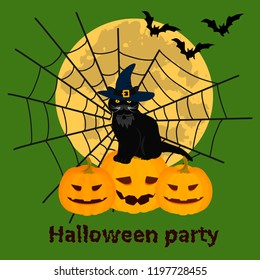 Cute Halloween card with cat, pumpkin, bats, cobweb under the moonlight.Halloween theme, objects for holiday card, invitation and party design.