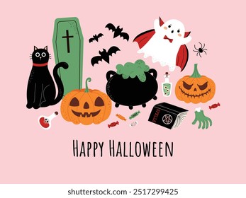 Cute Halloween card design with friendly ghost, pumpkins, and magic elements. Childish print. October holiday, Trick or Treat.  Flat vector illustration isolated on pink background.