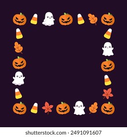 Cute Halloween card doodles. Square Halloween frame border design with cartoon ghost, jack o lantern, pumpkins, candy corn. Social media banner template vector illustration.