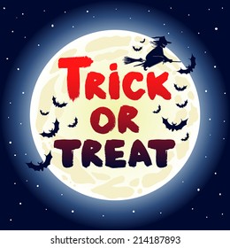 cute Halloween card with flying witch and bats on a background of the moon