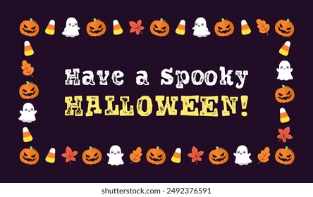 Cute Halloween card frame template. Rectangle Halloween border design with cartoon ghost, jack o lantern, pumpkins, candy corn. Social media banner vector illustration