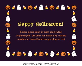 Cute Halloween card frame template. Rectangle Halloween border design with cartoon ghost, jack o lantern, pumpkins, candy corn. Social media banner vector illustration