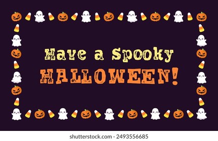 Cute Halloween card frame template. Rectangle Halloween border design with cartoon ghost, jack o lantern, pumpkins, candy corn. Social media banner vector illustration