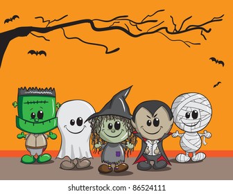 Cute Halloween card - Frankenstein, Ghost, Witch, Dracula, Mummy