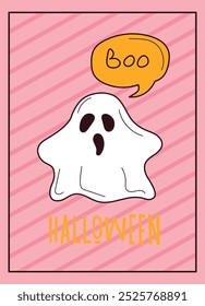 cute halloween card ghost says BOO . Ready card for the holiday. Traditional Halloween holiday images. Vector illustration