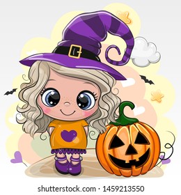 Cute Halloween card with girl in a hat of witch on a yellow background