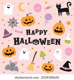 Linda tarjeta de Halloween con iconos en estilo retro. Ilustración vectorial