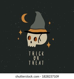 Cute Halloween card or poster design with skull, witch hat, moon and stars. Halloween greeting card or nursery room poster design for kids. Vector illustration