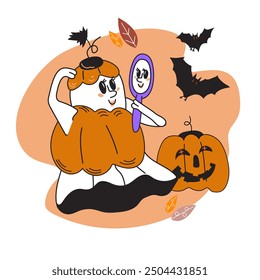 Cute Halloween card or poster design with ghost character going to party, vector illustration isolated on white. Banner or poster template for Halloween cards and banners.