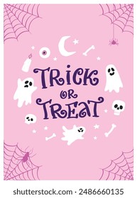 linda tarjeta de halloween, póster, diseño de impresión con la cita de letras 'Truco o trato' y garabatos sobre fondo rosa. Bueno para invitaciones a fiestas, Plantillas, Anuncios. EPS 10