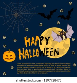 Cute Halloween card with pumpkin, bats, cobweb under the moonlight. Elements, objects for holiday card, invitation and party design.