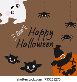 Cute Halloween card with spiders, ghost and bat