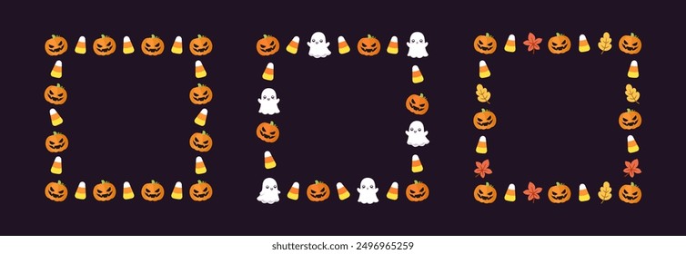 Nette Halloween-Kartenvorlagensammlung. Quadratisches Halloween Rahmenranddesign mit Cartoon-Geist, Bube oder Laterne, Kürbisse, Süßigkeiten-Mais-Set. Vektorgrafik für Banner in sozialen Medien.