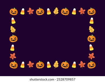 Modelo de cartão de Halloween bonito. Retangle Halloween quadro projeto de borda com jack o lanterna, abóboras, milho doce. Ilustração de vetor de postagem de banner de mídia social.