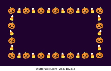 Cute Halloween card template. Rectangle Halloween frame border design with jack o lantern, pumpkins, candy corn. Social media banner post vector illustration.