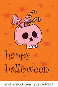 cute halloween card vase skull and sweet treats. Ready-made card for the holiday. Traditional Halloween holiday images. Vector illustration