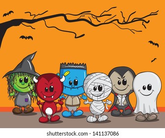 Cute halloween card - Witch, Devil, Monster, Mummy, Dracula and Ghost