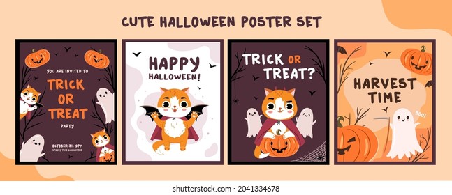 Cute halloween cards set with cartoon characters Halloween funny spooky cat, ghost, pumkin poster, greeting card design templates. Cartoon vector illustration.