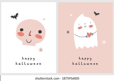 Cute Halloween Cards Set. Funny Hand Drawn Smiling Skull and Little Ghost Isolated on a White and Pastel Pink Background. Infantile Style Halloween Vector Illustration ideal for Card,Wall Art, Poster.