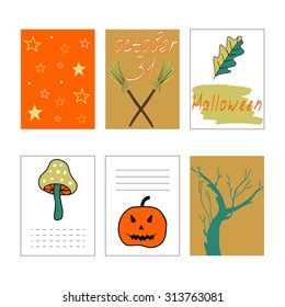Cute Halloween cards set. Vector illustration, journaling cards. Pumpkin, tree, mushroom, stars pattern.