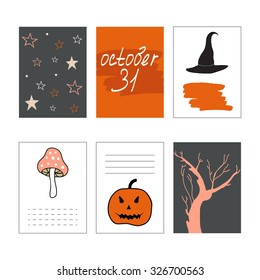 Cute Halloween cards set. Vector illustration, journaling cards. Pumpkin, tree, mushroom, stars pattern.