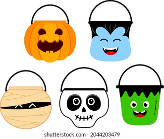 Cute halloween cartoon bucket set.. Collection of cartoon bags for collecting sweets. Vector illustration for children.