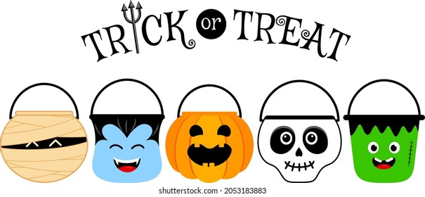 Cute halloween cartoon bucket set. Trick or treat. Collection of cartoon bags for collecting sweets. Vector illustration for children.