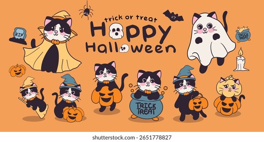 Cute Halloween cartoon cats in costume including witch, ghost, and pumpkin characters on orange background with trick or treat text, perfect for party designs and autumn illustrations