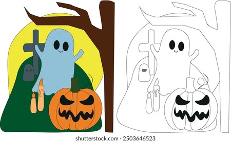Cute Halloween Cartoon Character Coloring Page Vector Illustration