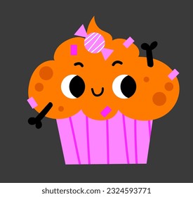 Cute Halloween cartoon character cupcake muffin candy dessert with lollipop and dead skeletons bones vector cartoon style for decoration print.