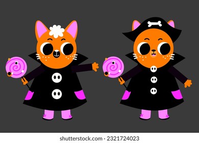 Cute Halloween cartoon character set cats witches with candy lollipop sweet trick-or-treats fall autumn collection in vector.