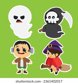 cute Halloween cartoon characters with ghost , Frankenstein and witch