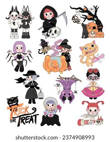 Cute halloween cartoon characters. Vector. Set 1 of 3 .