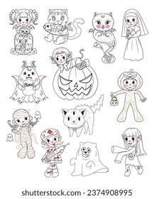 Cute halloween cartoon characters. Vector. Doodle. Set 2 of 3 .
