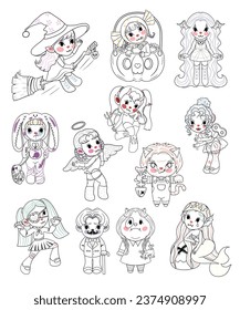 Cute halloween cartoon characters. Vector. Doodle. Set 3 of 3 .
